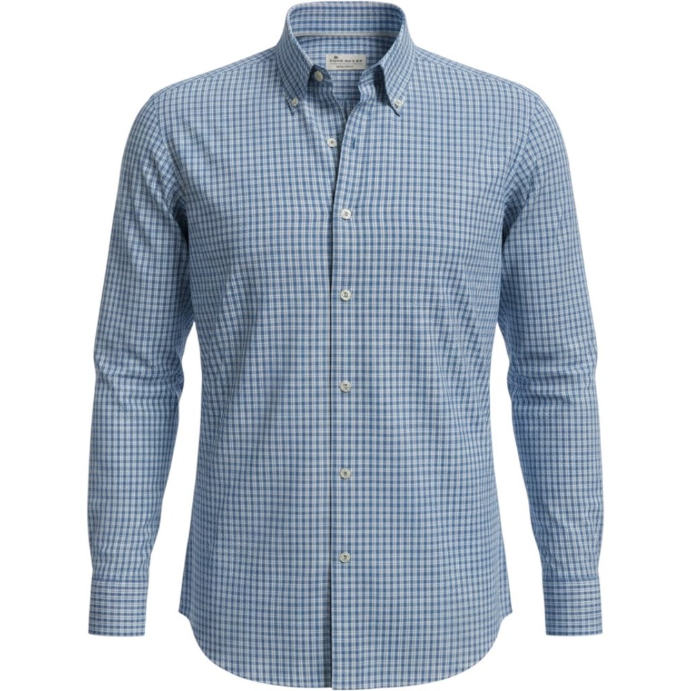 Peter Millar Button Down Mens Large Blue Crown Soft Silk Blend Checkered Shirt